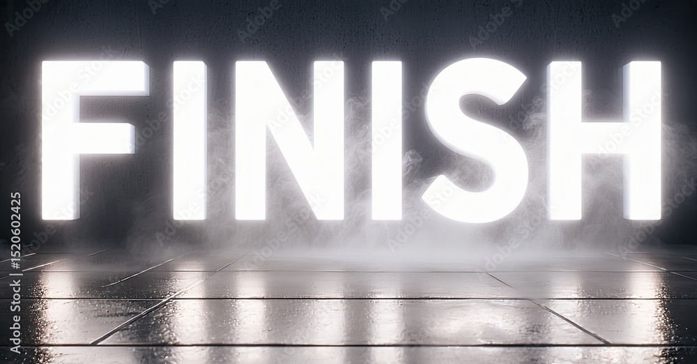 Poster Bright illuminated word FINISH rests upon dark surface. Fog or smoke adds dramatic effect, creating strong visual impact.