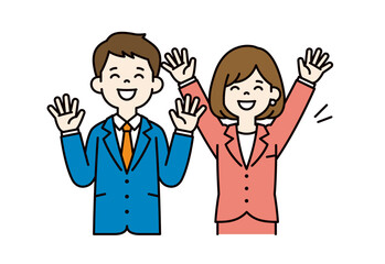 笑顔で大喜びする、ビジネスマンのベクターイラスト素材＿男女セット＿カラー