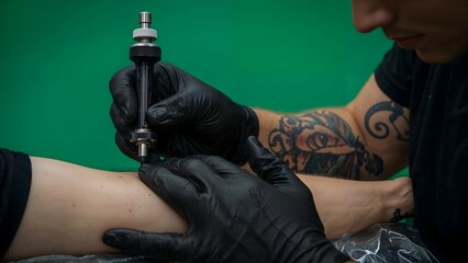 Professional Tattoo Artist Creating Artwork on Client's Skin in Studio