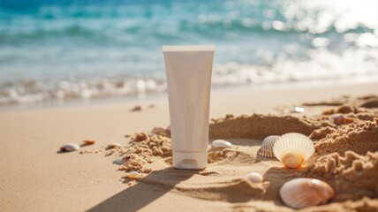 Summer cream for face on beach background . Beauty protection. Cosmetic skincare	