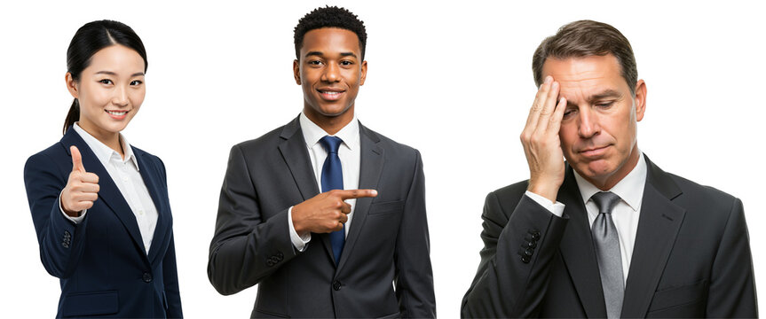 Diverse Business Professionals in Formal Attire with Various Expressions