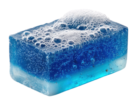 Bubbling blue soap bar cleanliness promotion product hygiene concept isolated on transparent background