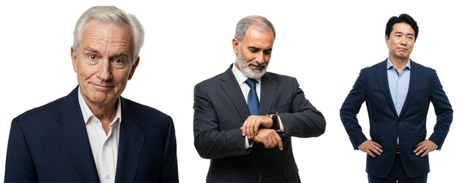 Professional Men in Suits Standing Together with Watches and a Confident Stance for Business Portraits