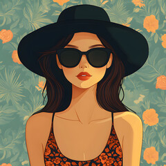 Beauty fashion model in sunglasses and hat on the beach