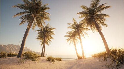 Tropical sunset beach with palm trees