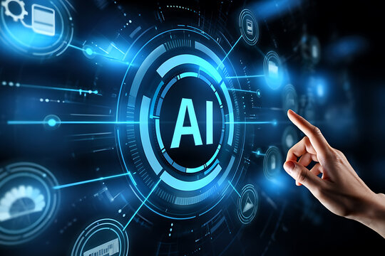 Artificial intelligence concept showing a human hand interacting with a digital interface depicting ai technology and data connections