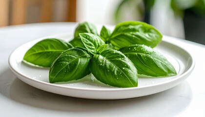 Minimalist close-up of dew-covered kemangi (basil) leaves on a white ceramic plate. Focus on fresh leaf texture and detailed veins, with soft neutral background — herbal food photography.

