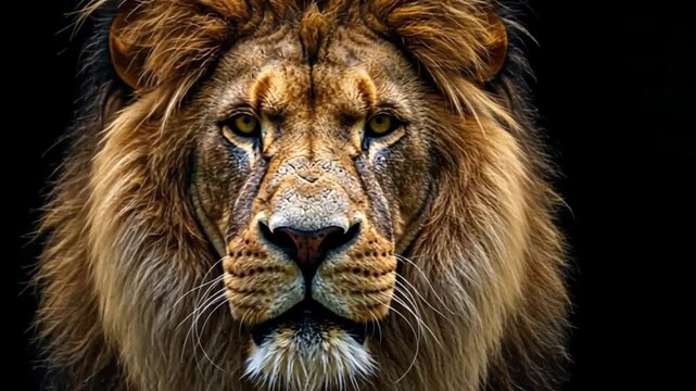A large lion animal seems to be staring at us against the black background of the footage
