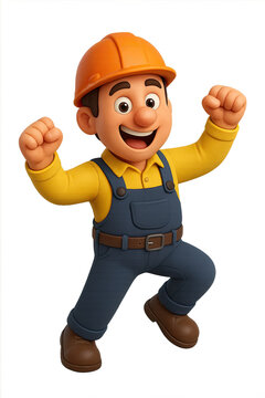 A joyful 3D cartoon construction worker with a mustache, in an orange hard hat, yellow shirt, and blue overalls, jumps or dances happily with fists raised.