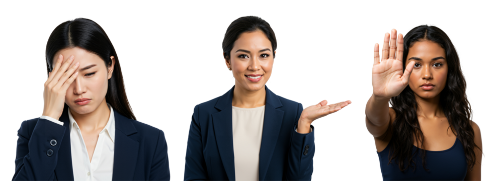 Diverse Professional Women in Business Attire Expressing Various Emotions and Gestures