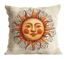 Cheerful sun design pillow cozy living room home warm atmosphere creative concept isolated on transparent background