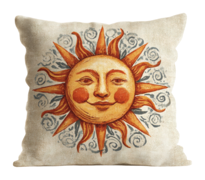 Cheerful sun design pillow cozy living room home warm atmosphere creative concept isolated on transparent background