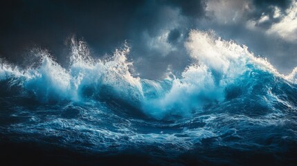 Dramatic Dark Blue Ocean Waves Crashing Under Stormy Sky