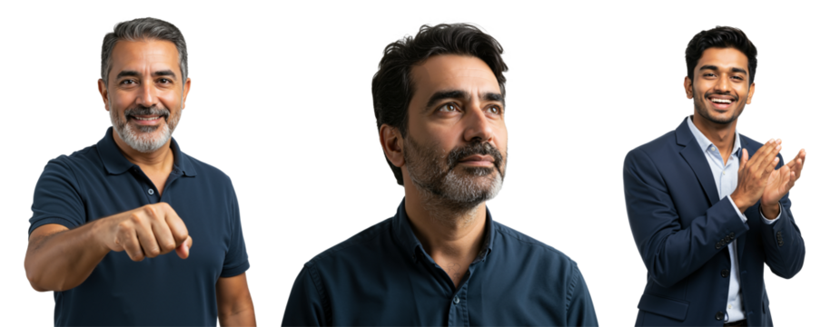 Diverse Adult Men Expressing Emotions and Gestures in Various Poses