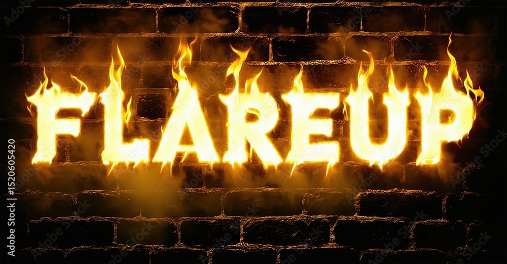 Aufkleber Fiery text spelling FLAREUP against brick wall. Intense flames surround letters, creating dramatic visual effect. Dark background emphasizes brightness.