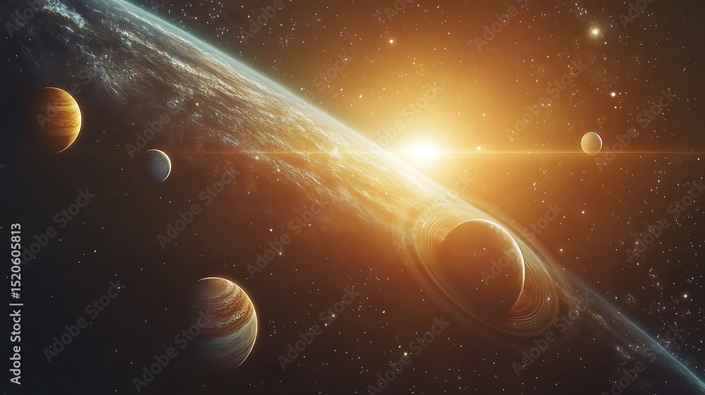 Poster cosmic symphony of planets orbiting a glowing star in deep space artistic visualization