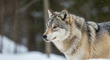 Fototapeta premium Wild Grey Wolf in Snowy Forest, Wildlife Photography at Eye Level