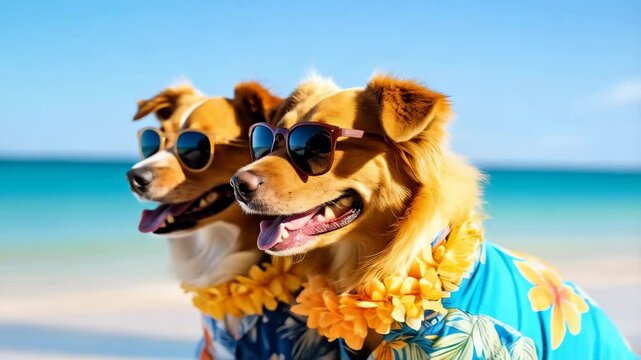 Two dogs wearing sunglasses and leis on tropical beach with blue sky and turquoise ocean, vacation vibes, summer fun