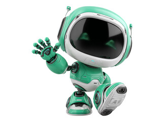 Friendly green robot waving hello futuristic technology, On Transparent Background, Png