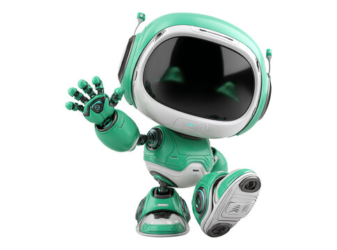 Friendly green robot waving hello futuristic technology, On Transparent Background, Png
