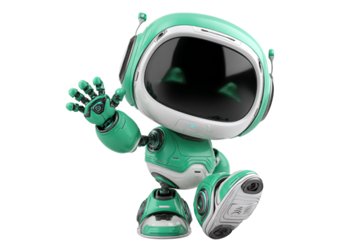 Friendly green robot waving hello futuristic technology, On Transparent Background, Png