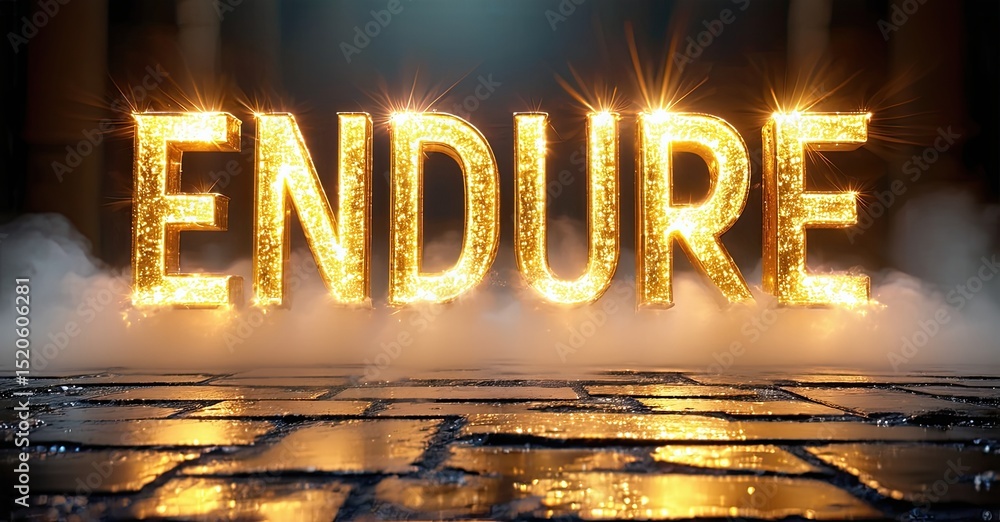 Poster golden endure text shines above tiled floor. smoke fills space, creating dramatic lighting effect. p
