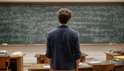 Student stands against chalkboard in classroom