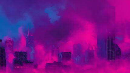 Cityscape shrouded in vibrant fogs