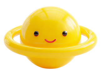 Happy yellow planet with rings cartoon space illustration, On Transparent Background, Png