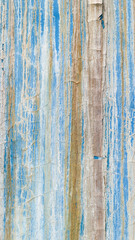 The rough texture of the blue concrete wall has white and brown crusts due to exposure to salt water.