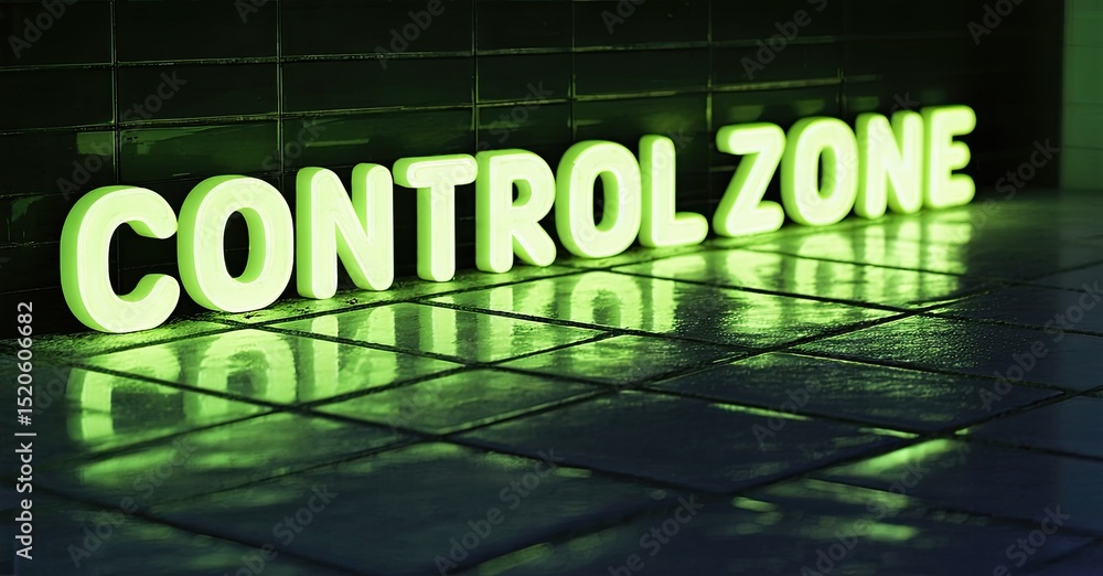 Poster bright neon sign displays control zone. dark tiled surface reflects light, creating dramatic effect.