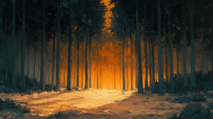 Golden Sunlight Path Through Dark Forest