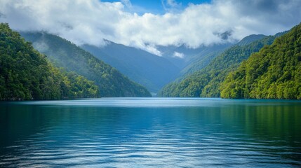 Serene Blue Lake Surrounded by Lush Green Mountains