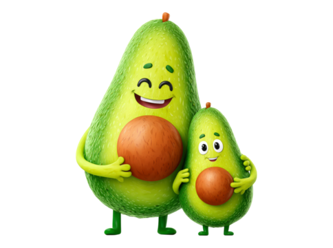 Happy avocado family holding adorable baby avocados, On Transparent Background, Png