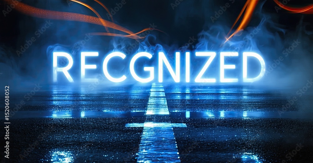 Poster bright neon text reads recognized over wet asphalt. dramatic lighting creates futuristic, dynamic sc
