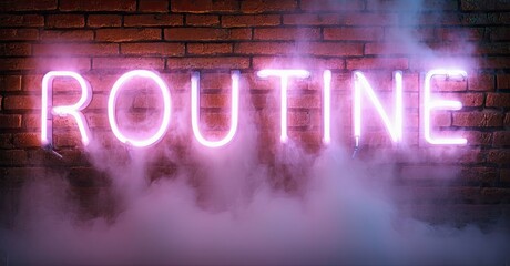 Bright pink neon sign spells routine against brick wall. Smoke swirls around glowing letters, creating dramatic effect. Dark background enhances visibility.