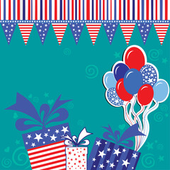 Obraz premium Celebration mint background with gift boxes, balloon and place for your text. vector illustration