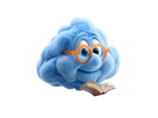 Cute blue cloud character reading a book, On Transparent Background, Png