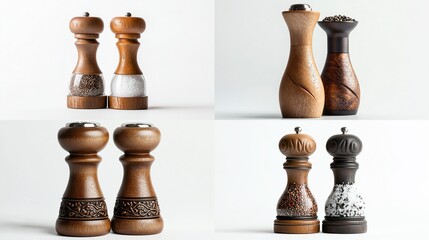 Four pairs of wooden pepper and salt mills, various designs, displayed on white background