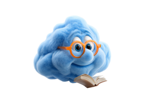 Cute blue cloud character reading a book, On Transparent Background, Png - Powered by Adobe