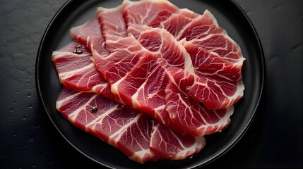 sliced raw beaf in plate on black background