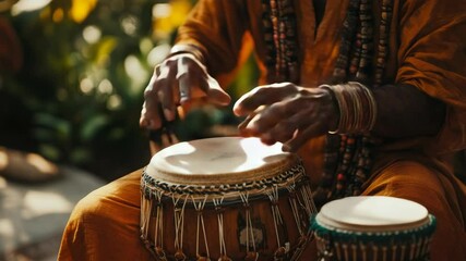 Close Up Of Hands Playing Traditional Tabla Drums With Warm Lighting And Rich Details Showcasing Cultural Music Performance And Artistry - Powered by Adobe