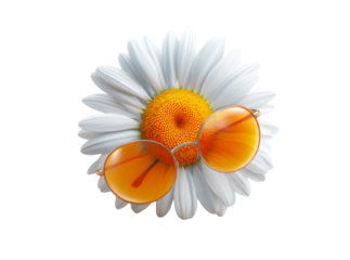 Orange round sunglasses resting on a daisy flower, On Transparent Background, Png
