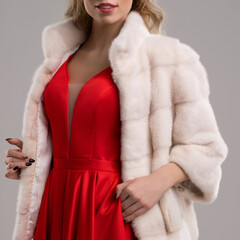 Elegant woman wearing a red dress and fur coat in a studio setting