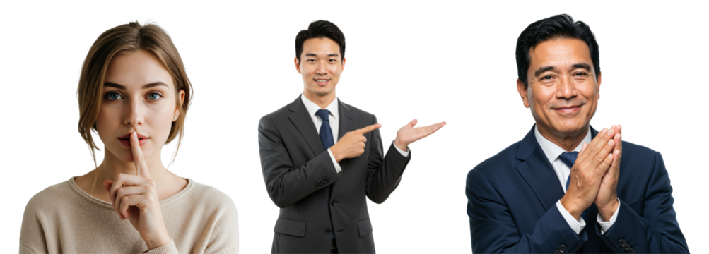 Group of Diverse Adults Engaging in Gestures: Woman, Young Man, and Older Man in Professional Attire