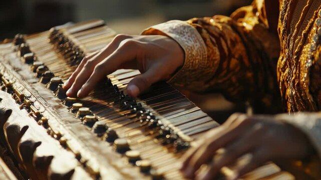 Close Up Of Person Playing Dulcimer With Hands In Golden Outfit In Warm Lighting Showing Artistry Skill And Tradition