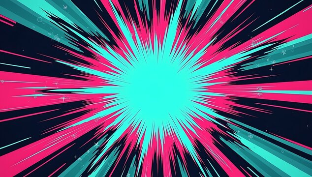 Bold comic-style background in teal and magenta with halftone explosion effect. Abstract starburst for pop art layouts, youth marketing, superhero themes.
