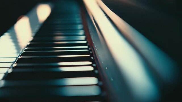Close Up of Piano Keys with Reflection in Low Angle View Musical Instrument in White Tone Blurred Background and Lighting Style