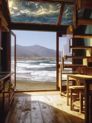 Coastal cabin interior with ocean view
