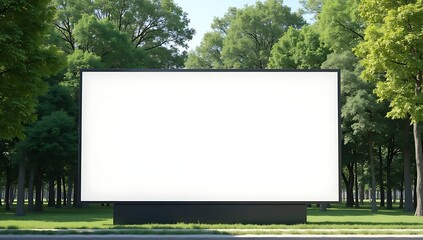 Fototapeta premium Blank billboard mockup city park. Empty advertising banner against green trees background. Commercial space for message, advertisement